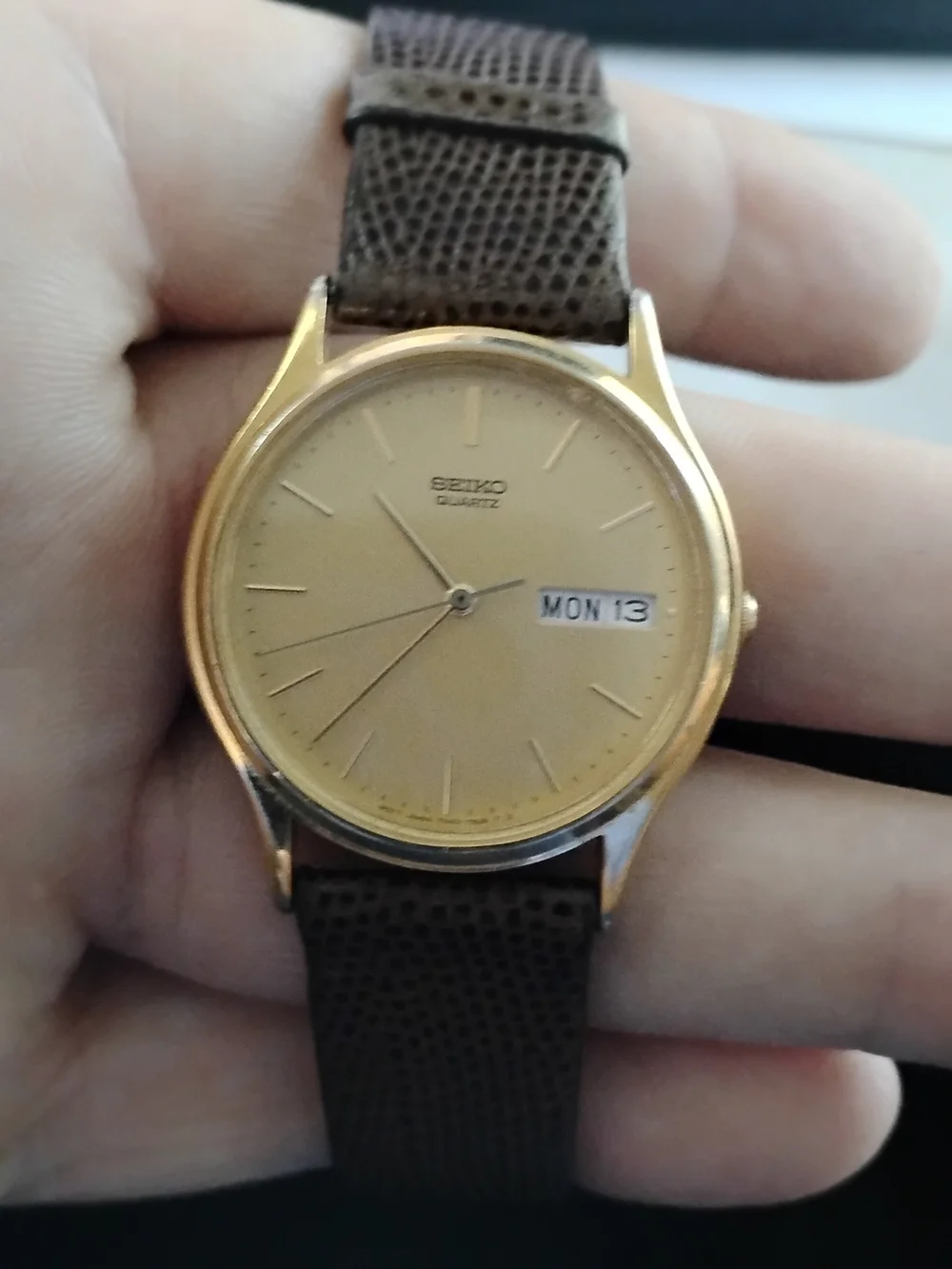Seiko Quartz Men's Gold Dial Watch with Brown Leather Strap